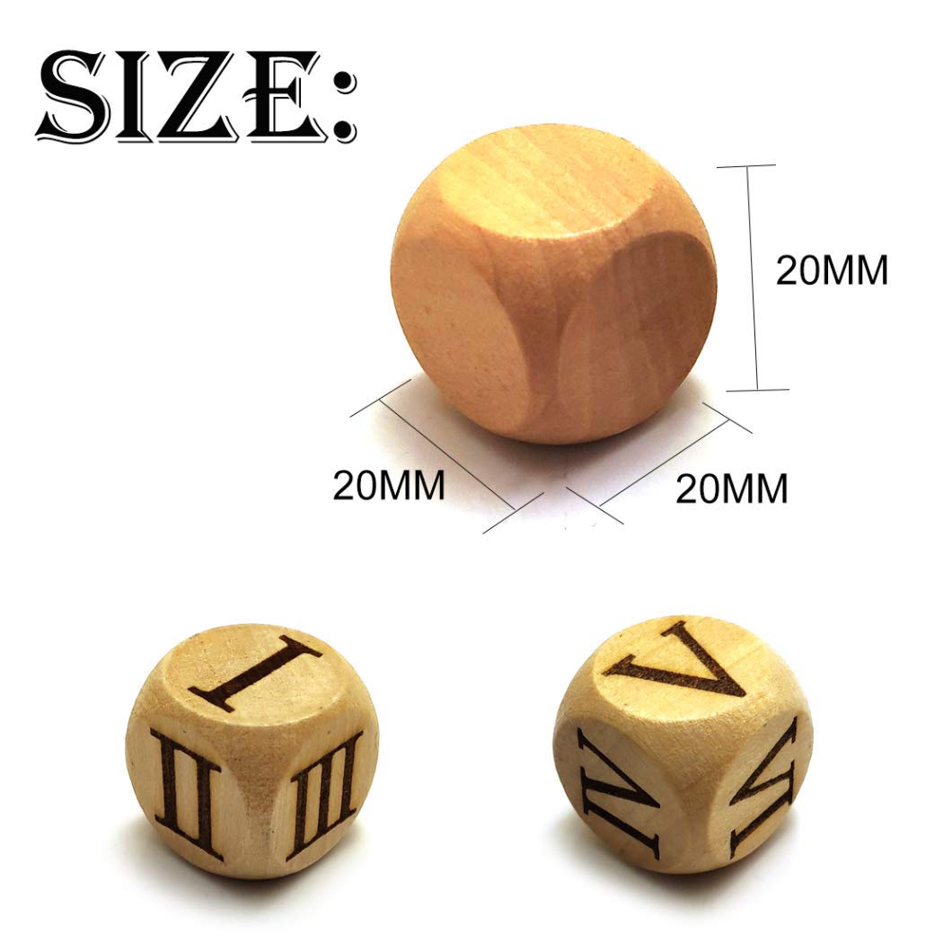 Set of 6 Pieces 20MM Wood Dice Set Creative Design Roman Number Pattern Wood Rolling Dices Party Game Roll Decider