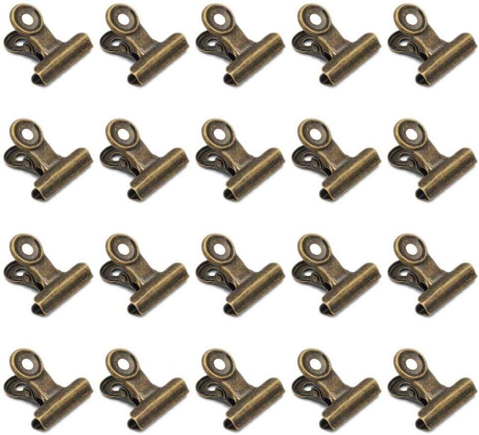 Bulldog Clips with 20 pcs Push-pin, Paper File Clips with Strong Spring, Small Metal Binder Clips, Seal Clamps for Coffee Tea Food Bags, Decorative Clips for DIY Photo Grid 31 mm 20 Pack(Bronze)