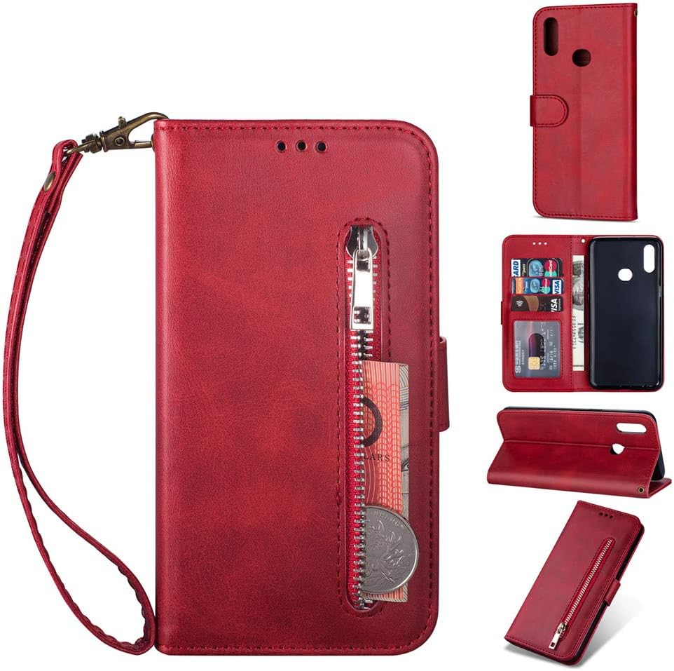 WVYMX Galaxy A20S Phone Case, Folio Flip Leather Zipper Wallet Case with Strap&Cash Pocket Shockproof Full Body Protective Magnet Purse Case for Samsung Galaxy A20S Red