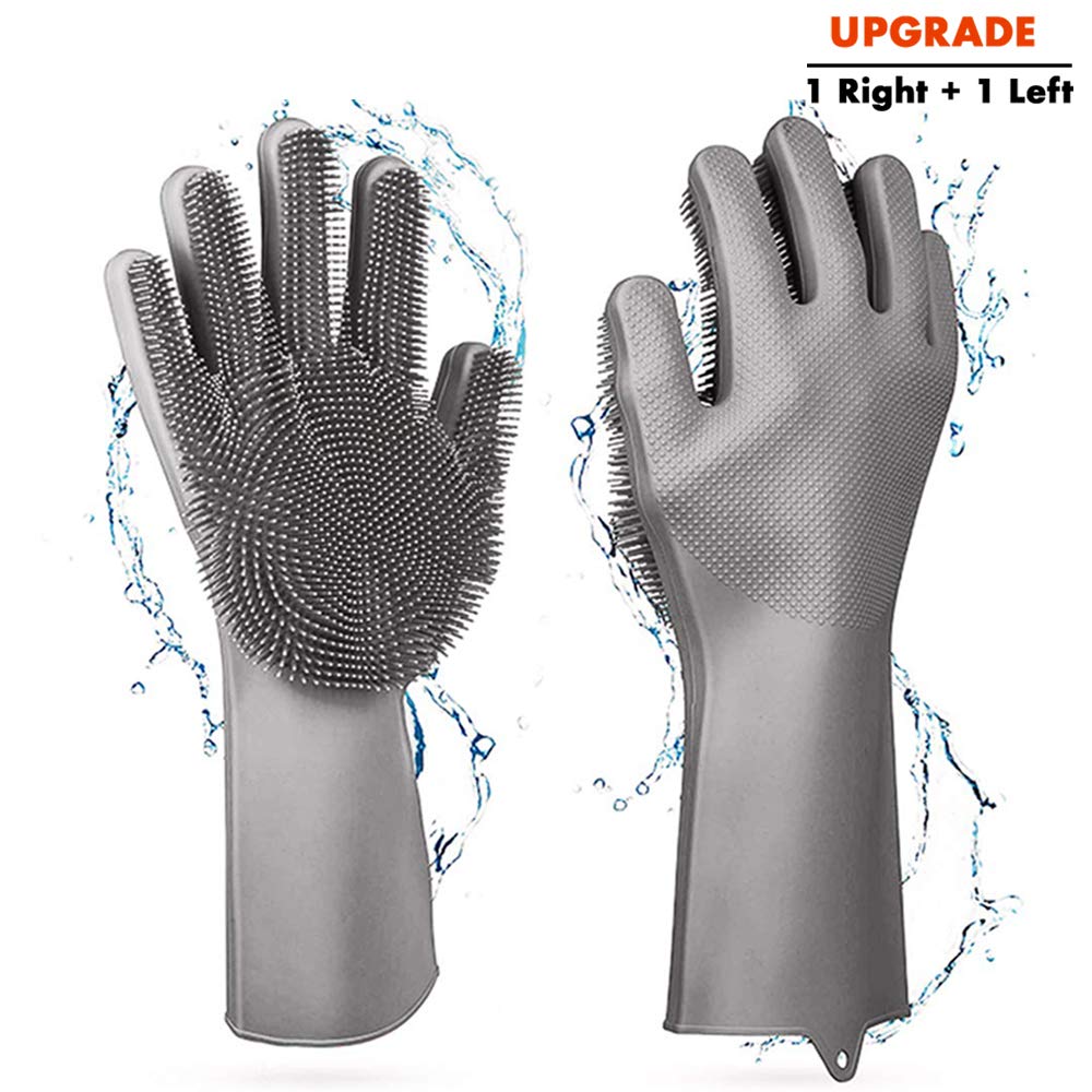 Upgrade Magic Silicone Cleaning Gloves Dishwashing Scrubber, Reusable Brush Scrubber Gloves with Bristles, Heat Resistant, Multi-functional, Perfect for Dish washing, Kitchen, Bathroom, Car and More