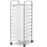 MEDIMALL 10 Drawers Rolling Storage Cart, Multipurpose Craft Storage Cart with Wheels, Mobile Tools Scrapbook Paper Organizer Cart for Office School Home Use (Clear)