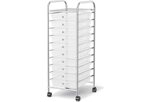 MEDIMALL 10 Drawers Rolling Storage Cart, Multipurpose Craft Storage Cart with Wheels, Mobile Tools Scrapbook Paper Organizer Cart for Office School Home Use (Clear)