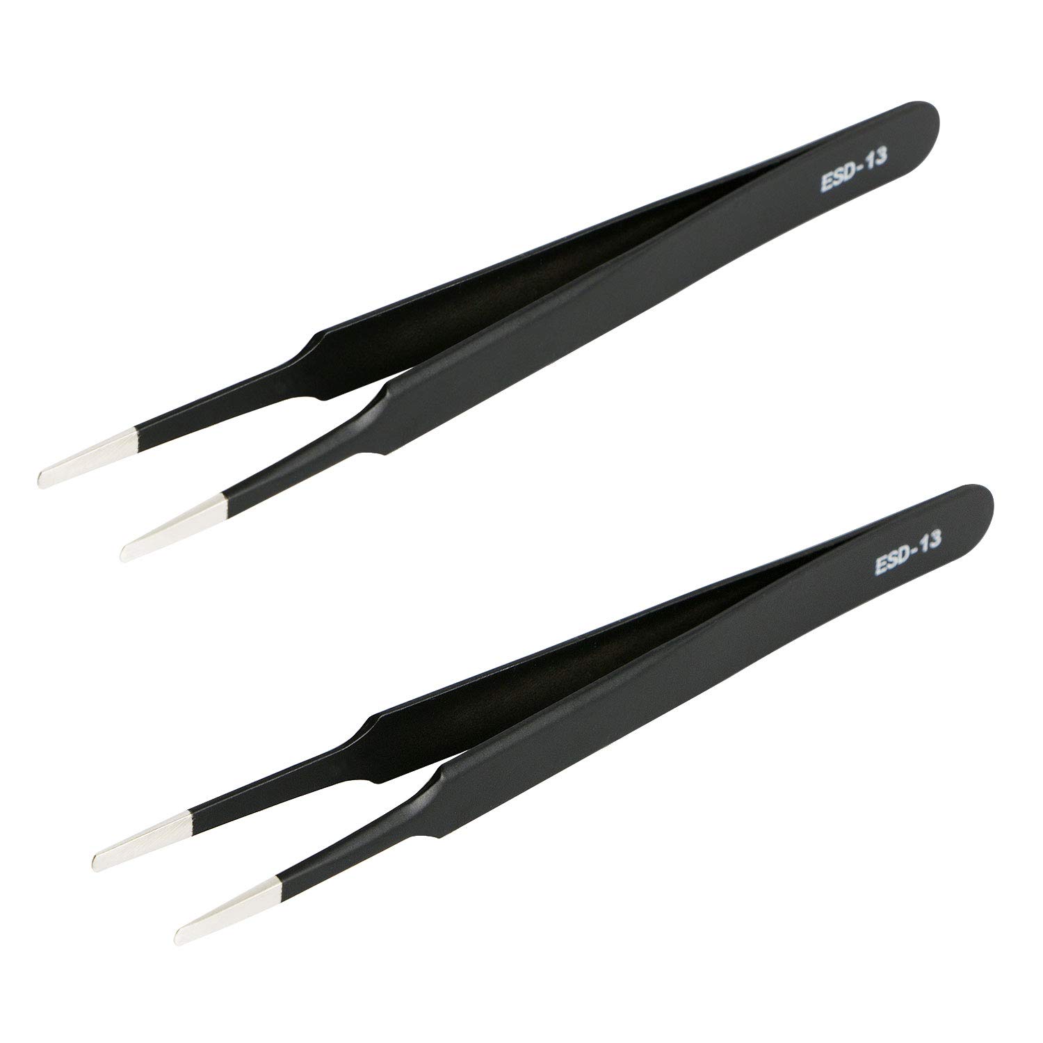 Aoje-Link ESD-13 Professional Anti-Static Precision Technology Tweezers, Non-Magnetic Flat and Round, Stainless Steel Plastic Coated, Full Length 120mm, Black, 2pcs