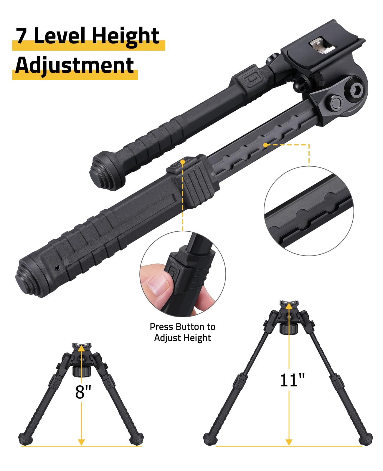 CVLIFE Tactical Bipod for Rifle Bipod Mount to Sling Swivel Stud, Made of Aluminum and High-Strength Polymer, Adjustable Height and Angle, Stable for Hunting and Shooting (Black, 8