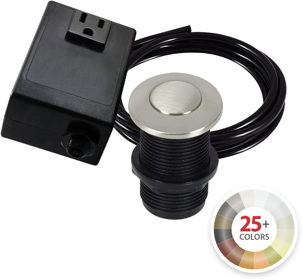 Single Outlet Garbage Disposal Turn On/Off Sink Top Air Switch Kit in Satin Nickel. Compatible with any Garbage Disposal Unit and Available in 25+ Finishes by NORTHSTAR DÉCOR. Model # AS010-SN