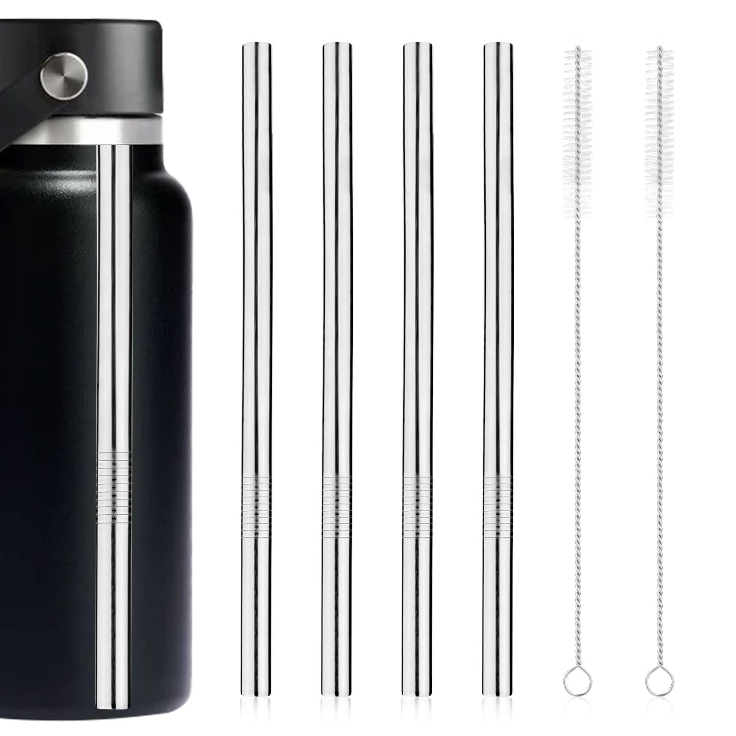 Photo 1 of 4pcs Metal Straw Replacement for Hydro Flask 32oz Wide Flex Straw Cap Bottle, Stainless Steel Cup Straws with 2pcs Brushes Parts Accessories Compatible with HydroFlask Wide Mouth Bottle(Silver)