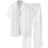 COZYEASE Men's 2 Piece Outfit Short Sleeve Button Down Shirt Loose Pants Set Summer Beach Vacation Outfits