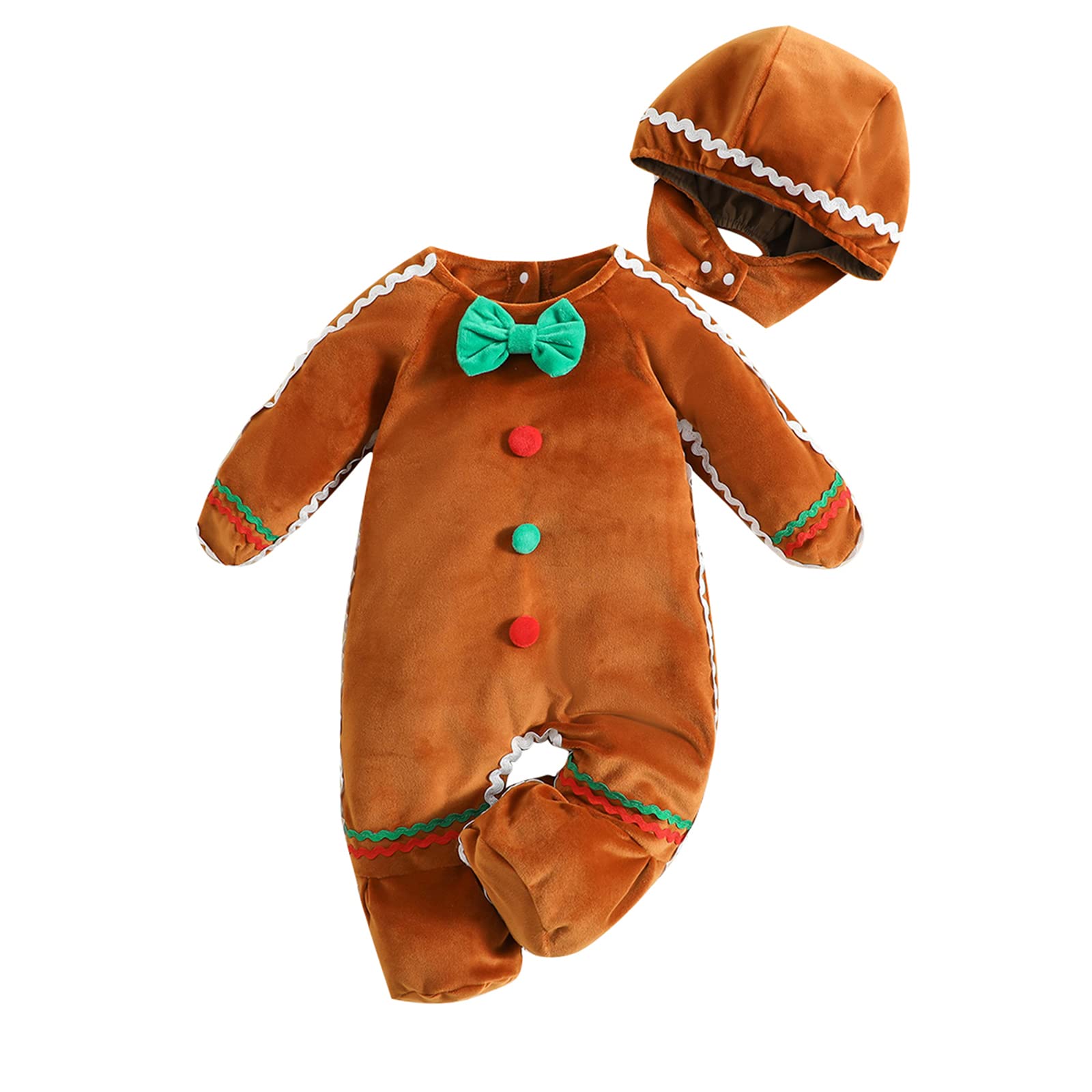 Miolasay Infant Baby Boys Girls Gingerbread Costume Christmas Gingerbread Man Romper Fuzzy One-piece Long Sleeve Jumpsuit Cosplay (B-Brown, 0-3 Months)
