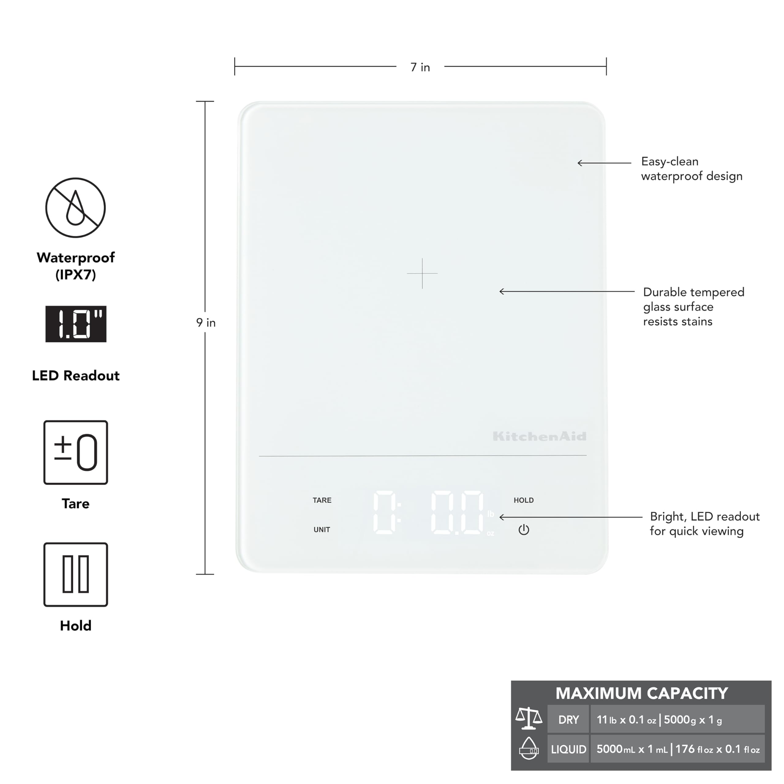 KitchenAid KQ913 Digital Waterproof (IPx7) Kitchen and Food Scale, LED readout, 11 Pound Max Capacity, White