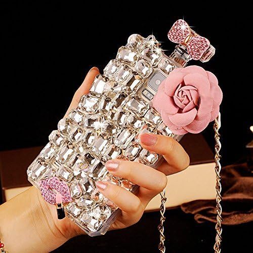 Sasa(TM) Samsung Galaxy S8 Case ,3D Bling Luxury Crystal Pinky Rose Bow Perfume Bottle Shaped Chain Handbag Case Cover for Samsung S8 (White)