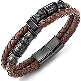 COOLSTEELANDBEYOND Mens Double-Row Braided Leather Bracelet Bangle Wristband with Black Stainless Steel Ornaments