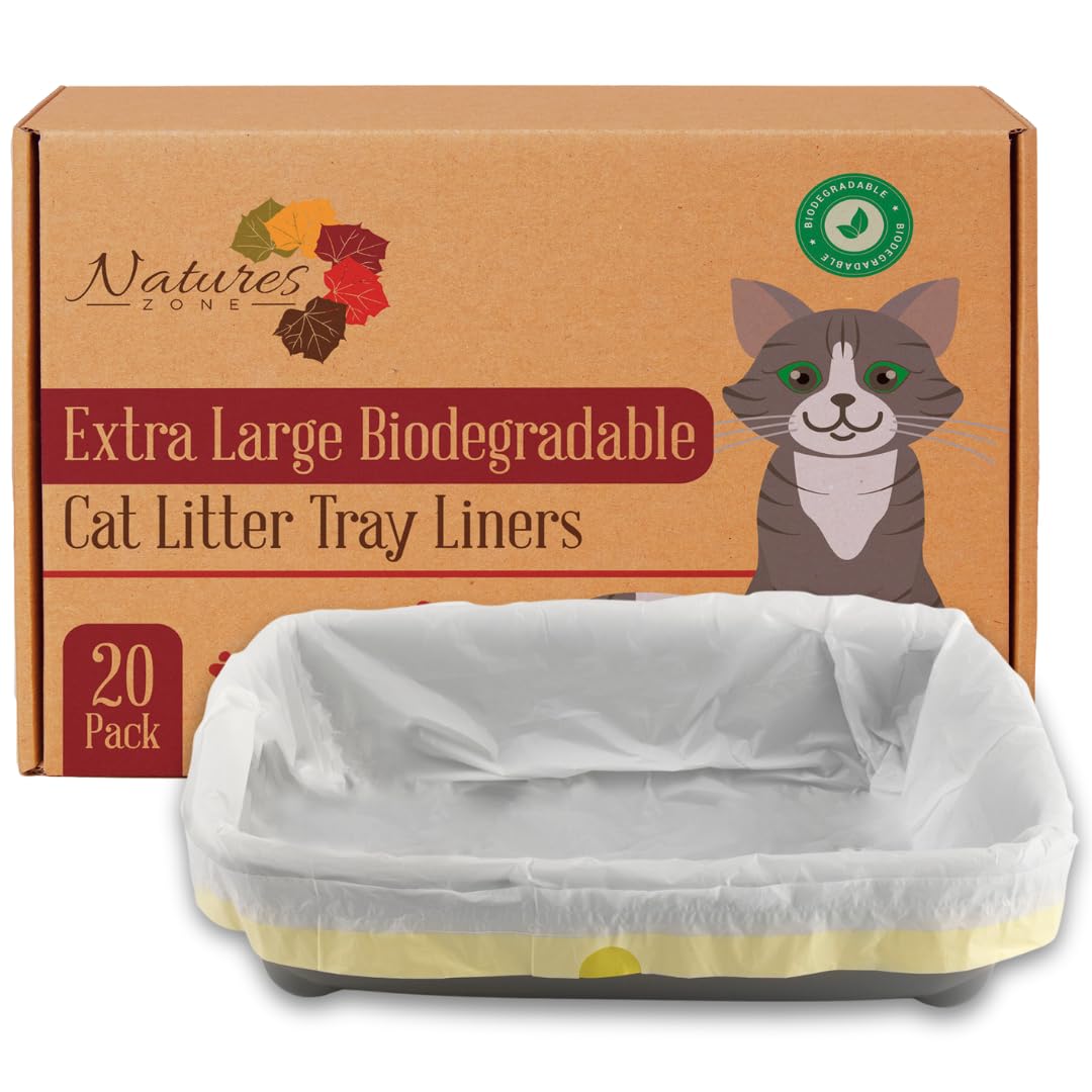 Nature’s Zone XL Cat Litter Tray Liners – Biodegradable Drawstring Bags 20 Pack – Extra Large 100×45cm – Strong, Tear-Resistant HDPE + EPI – Easy Clean Litter Box Liners