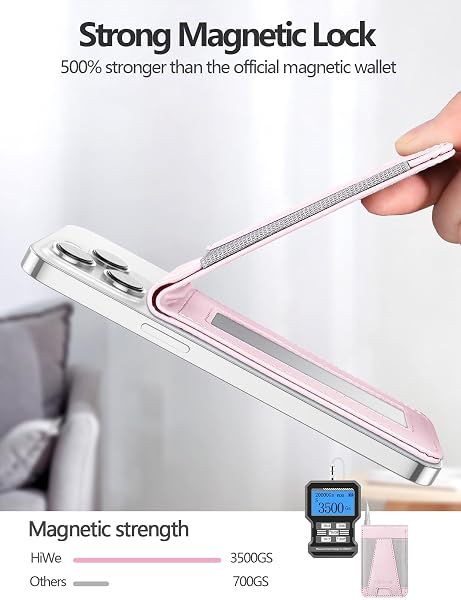 HIWE FOR MAGSAFE WALLET, MAGNETIC WALLET WITH ADJUSTABLE STAND, EIFFEL-TOWER MAGSAFE WALLET STAND FOR IPHONE 16/16 PRO/15/14/13/12 SERIES, OPEN ID WINDOW, 8 CARD HOLDER, VEGAN LEATHER, PINK AND GRAY