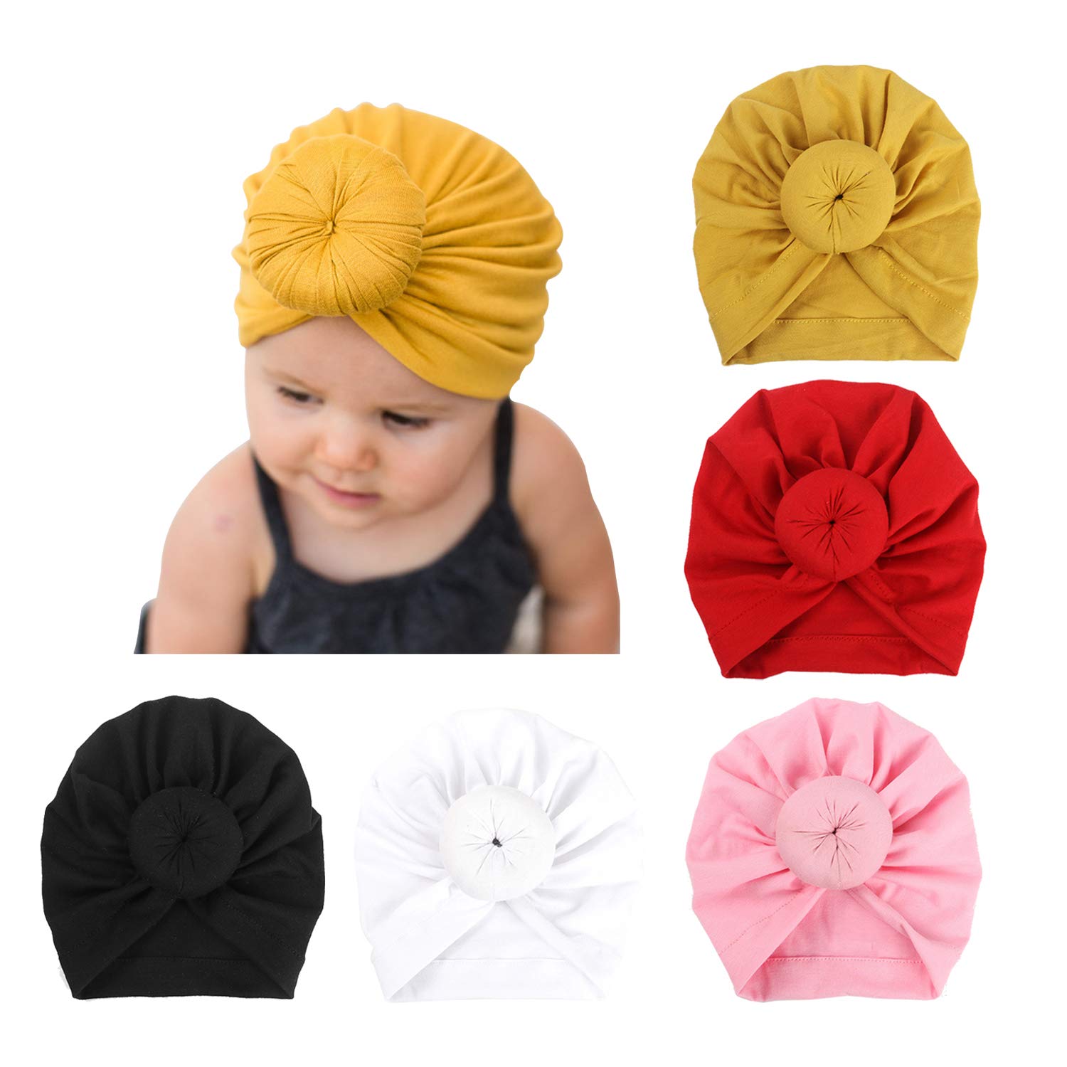 Photo 1 of DRESHOW BQUBO 5 Pieces Baby Turban Hats Turban Bun Knot Baby Infant Beanie Baby Girl Soft Cute Toddler Cap