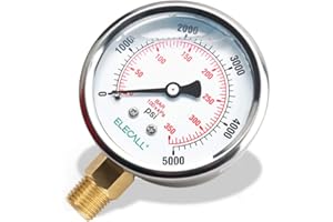 ELECALL 2-1/2" Glycerin Liquid Filled Air Pressure Gauge, 0-5000Psi, 1/4" NPT Lower Mount, Stainless Steel Case, Brass Internals, Water Pressure Gauge