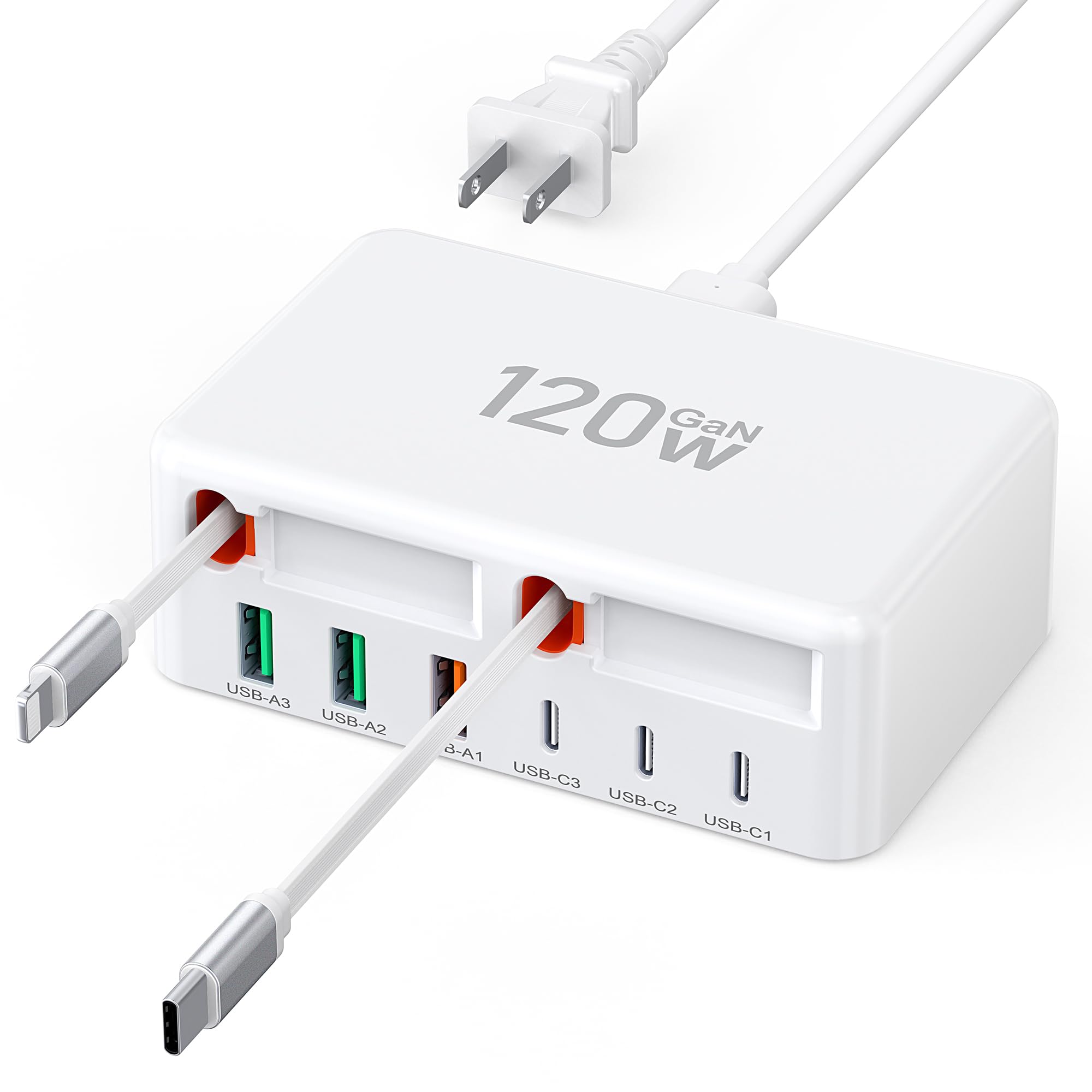 Upgraded 8-in-1 Retractable USB C Charger Block, 120W GaN Multi Charging Station Hub with Lightening & Type C Cable, Travel Essential USB C Power Strip Plug for iPhone 17 16 15 14 Pro Max iPad Galaxy