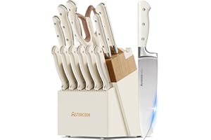 Knife Set,Astercook Kitchen Knife Set with Block 14-Piece Full Tang Stainless Steel Knives with Sharpener Dishwasher Safe and