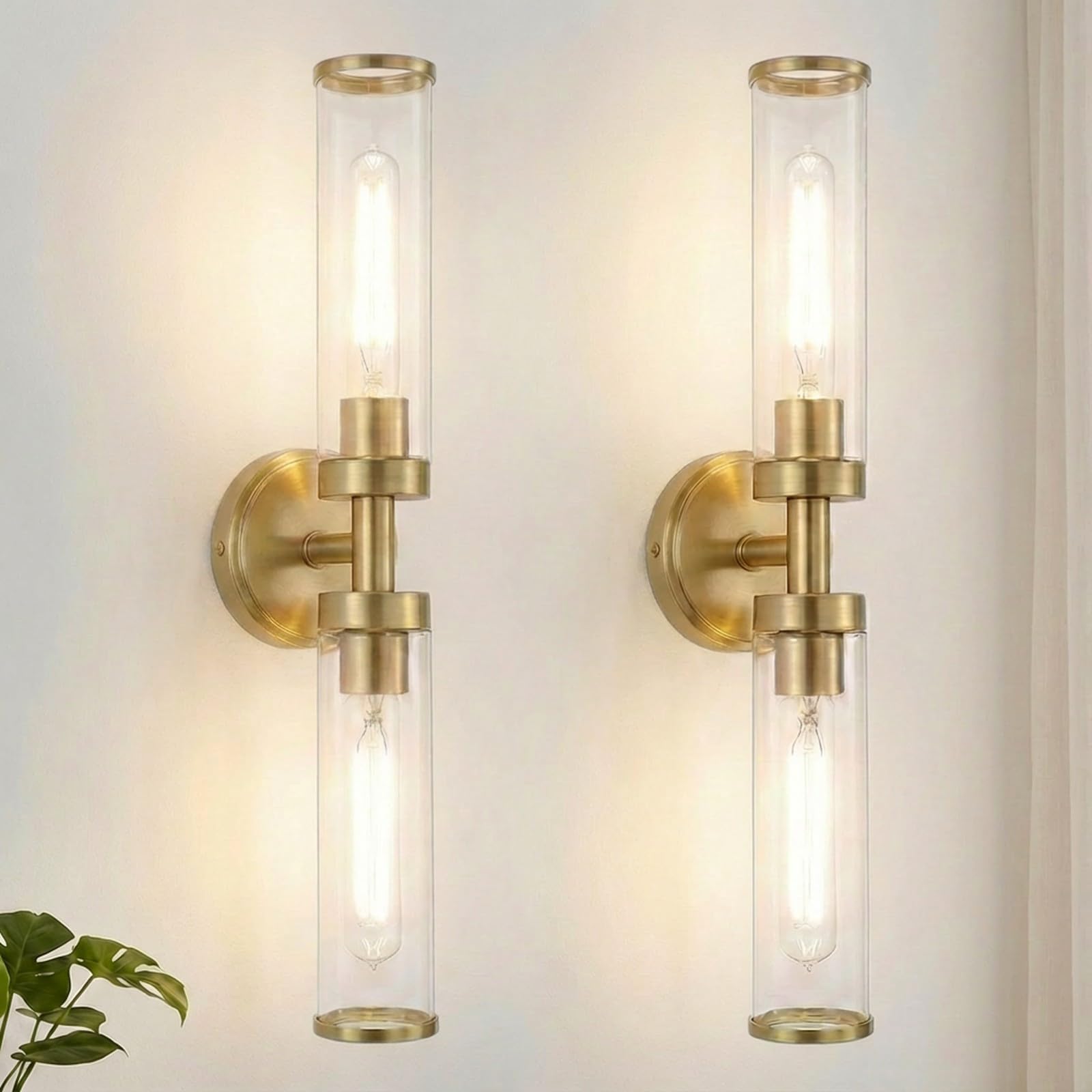 Photo 1 of Oberade Brushed Gold Wall Sconces Set of Two, Bathroom Light Fixtures with Clear Glass Modern Hardwired Wall Scones for Bathroom Mirror Living Room Hallway Bedroom(Bulbs Not Include)