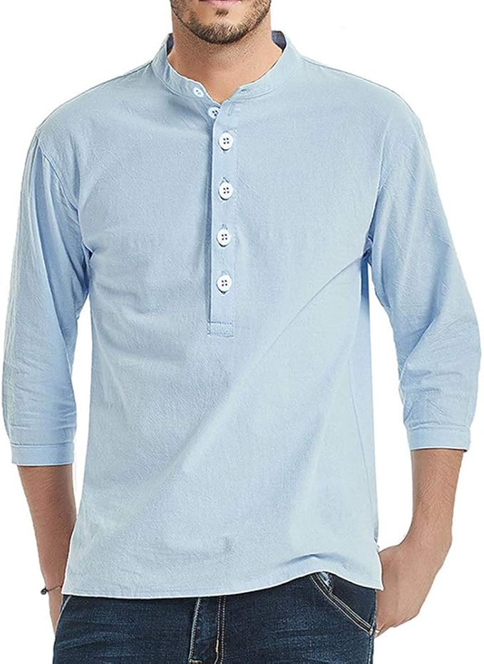 Mens Henley T Shirts 3/4 Sleeve Linen Button Tops Casual Summer Solid