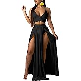 Women Sexy 2 Piece Outfits Dress Chiffon Strap Deep V Neck Bra Crop Top High Split Maxi Dresses Skirt Set