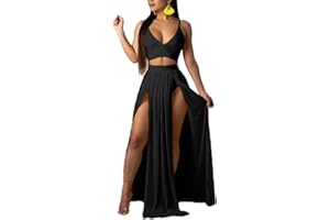 MINTSNOW Women Sexy 2 Piece Outfits Dress Chiffon Strap Deep V Neck Bra Crop Top High Split Maxi Dresses Skirt Set