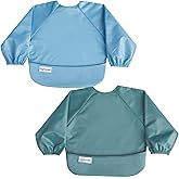 Tiny Twinkle Long Sleeve Bib for Babies & Toddlers | 2-Pack Waterproof Smock Bib for Eating | Machine Washable & Mess-Proof Feeding Essentials | Newborn Shower Gift (Slate Olive,6–24M)