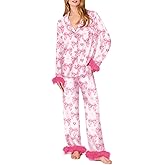 KMBANGI Women Y2k Pajamas Set Heart Print Silk Satin Pjs Feather Trim Long Sleeve Shirt Pants Lounge Set