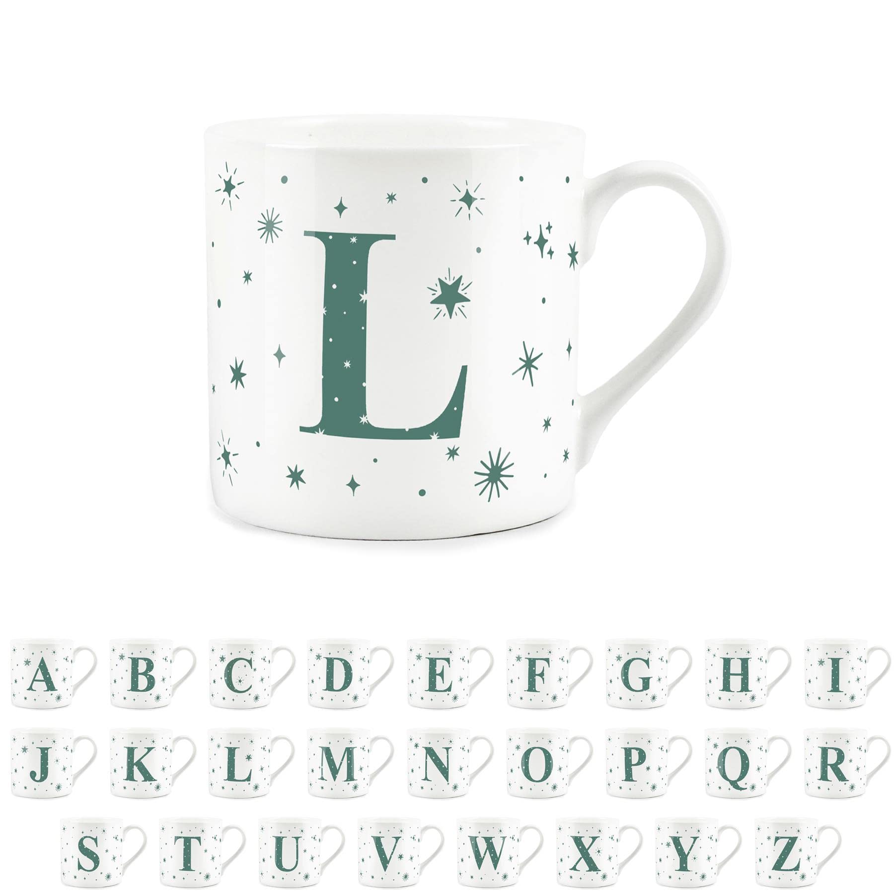 Purely Home Letter L Star Mug - Bone China White Coffee/Tea Present Gift - Alphabet Letter Mug with Stars in Teal Green Blue
