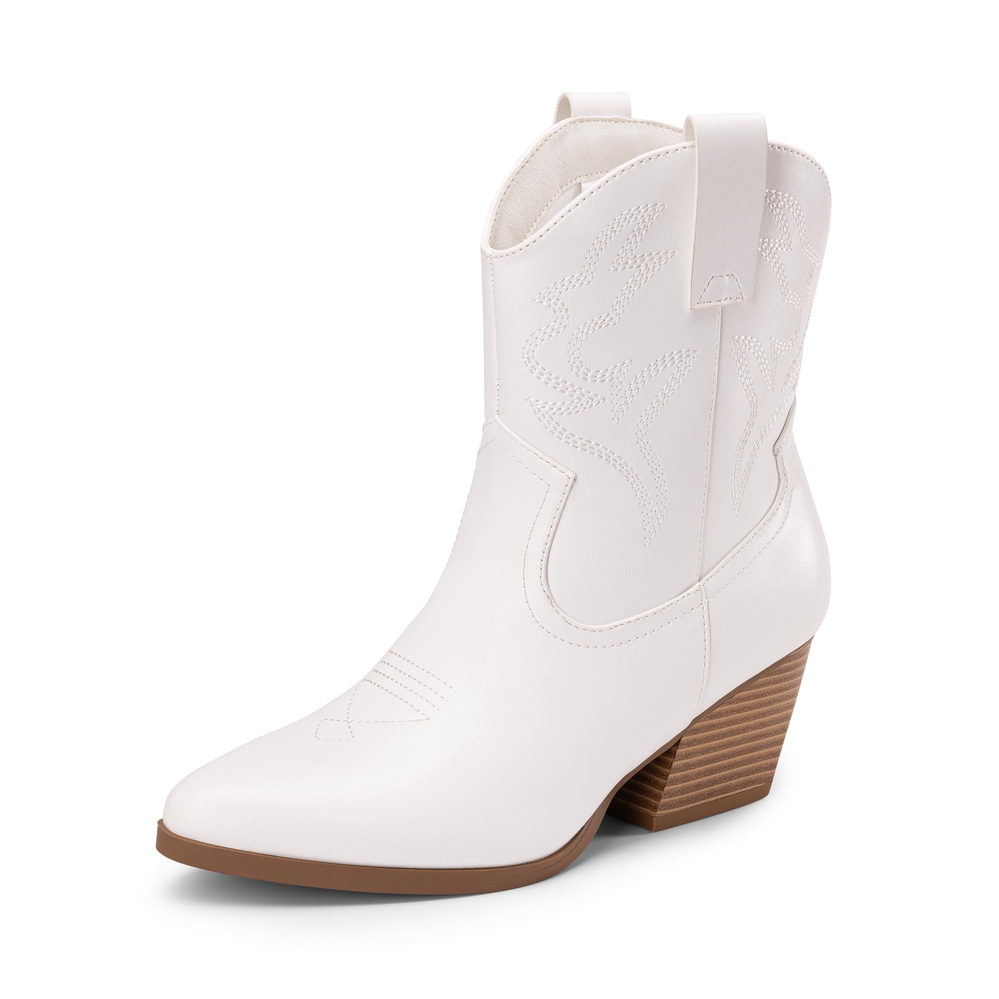 Photo 1 of DREAM PAIRS Women's Cowboy Cowgirl Boots Embroidered Stitched Short Western Boots Low Chunky Heel Pointed Toe Ankle Booties,Size 7.5,White,DWUMAB2504