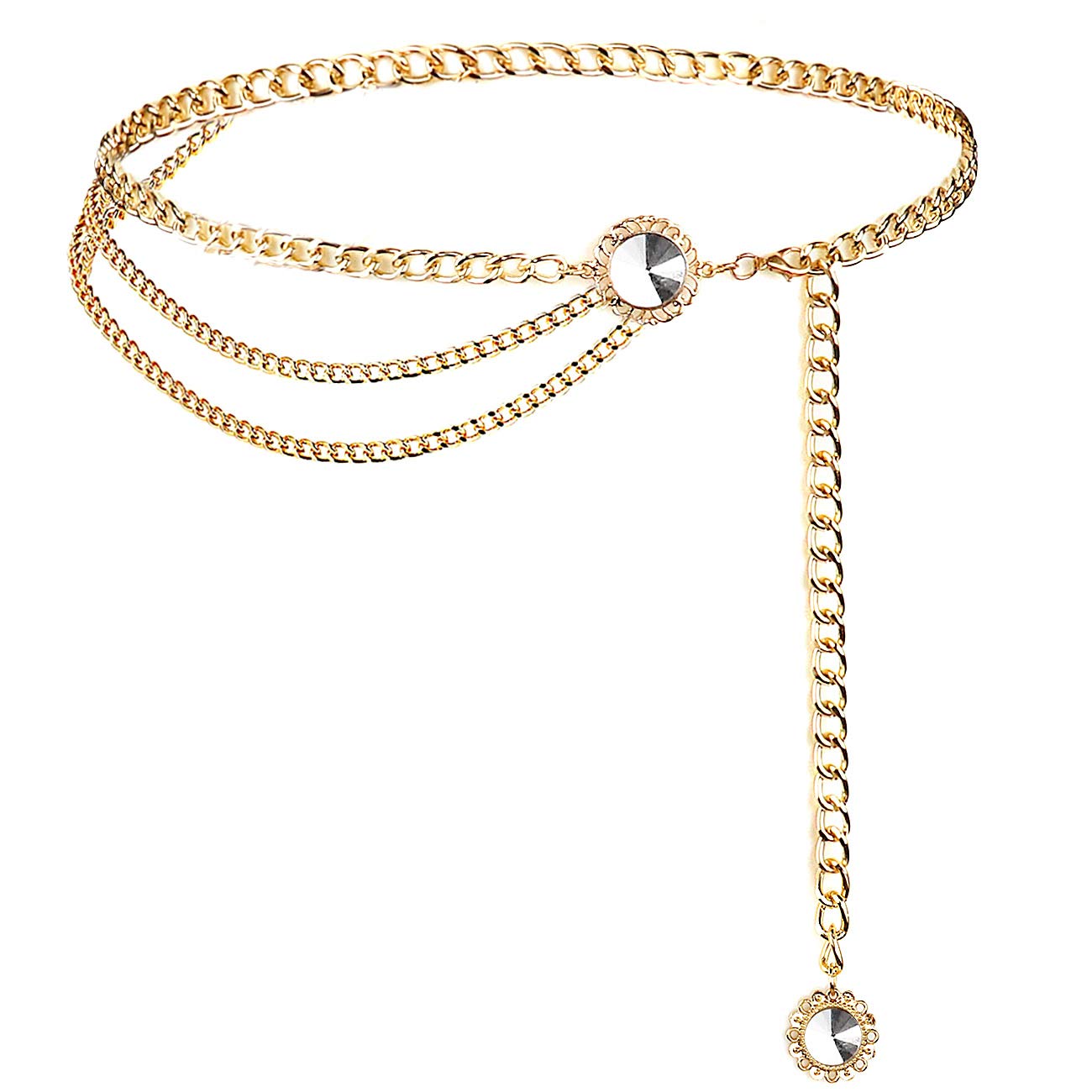 YooAi Chain Belts for Women Multilayer Waist Chain Dress Belt Metal Body Belly Chain Crystal 90cm Gold