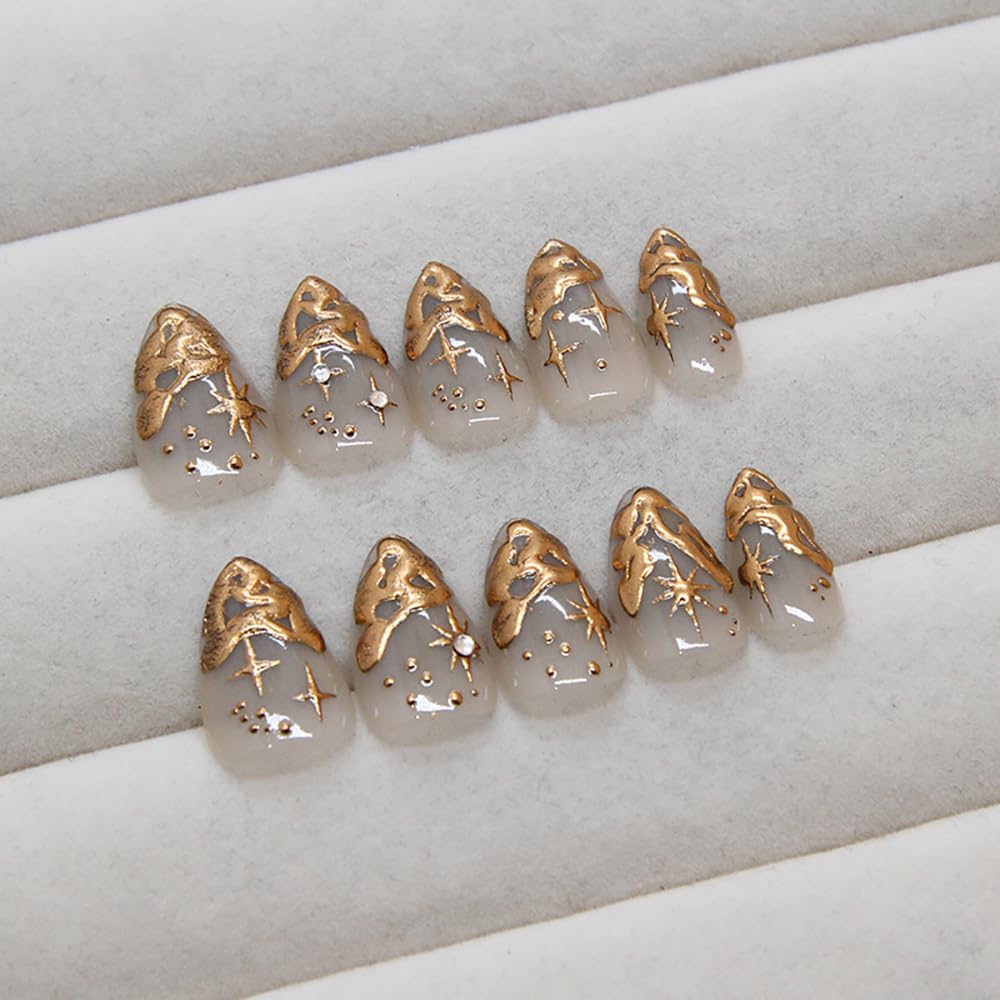 Almond Press On Nails Short Gold Fake Nails with Rhinestone Designs Almond False Nails Press Ons Glossy Glue On Nails Almond French Manicure Full Cover Nail Tips Stick On Nails for Women 24PCS - Image 5