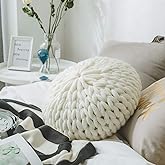 vctops Chunky Knit Round Shaped Throw Pillows with Insert Super Soft Cozy Decorative Handmade Cushions (White, Diameter 16")