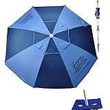 Tommy Bahama 7 ft Fiberglass Beach Umbrella for Sand with Integrated Anchor, Integrated Table, Telescopic Aluminum Pole, UPF 