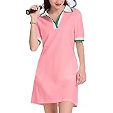 WOWULOVELY Polo Dress for Women V Neck Casual Short Sleeve Mini Shirt Dress Flowy Contrast Color Golf Tennis A Line Dresses(Pink-S)
