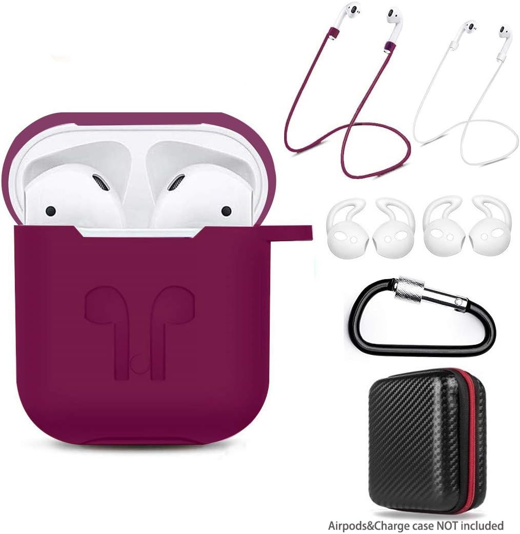 DZANHOT Case 7 in 1 Accessories Kits Protective Silicone Cover and Skin for Charging Case with Ear Hook Staps/Skin/Tips/Keychain Burgundy