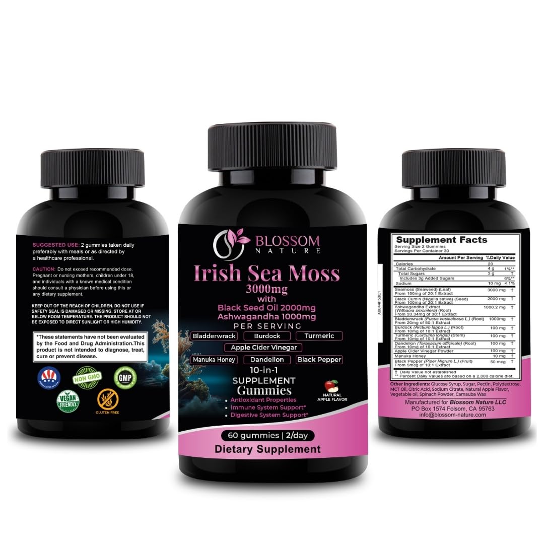 10-in 1 Irish Sea Moss Gummies 3000mg with Black Seed Oil Ashwagandha Bladderwrack Burdock Turmeric Apple Cider Vinegar Manuka Honey Dandelion - for Immune and Digestive System, Made in US