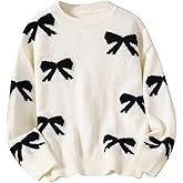 BEAUDRM Girl's Cute Bow Sweater Crew Neck Long Sleeve Drop Shoulder Loose Pullover Tops