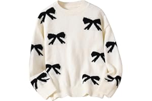 BEAUDRM Girl's Cute Bow Sweater Crew Neck Long Sleeve Drop Shoulder Loose Pullover Tops