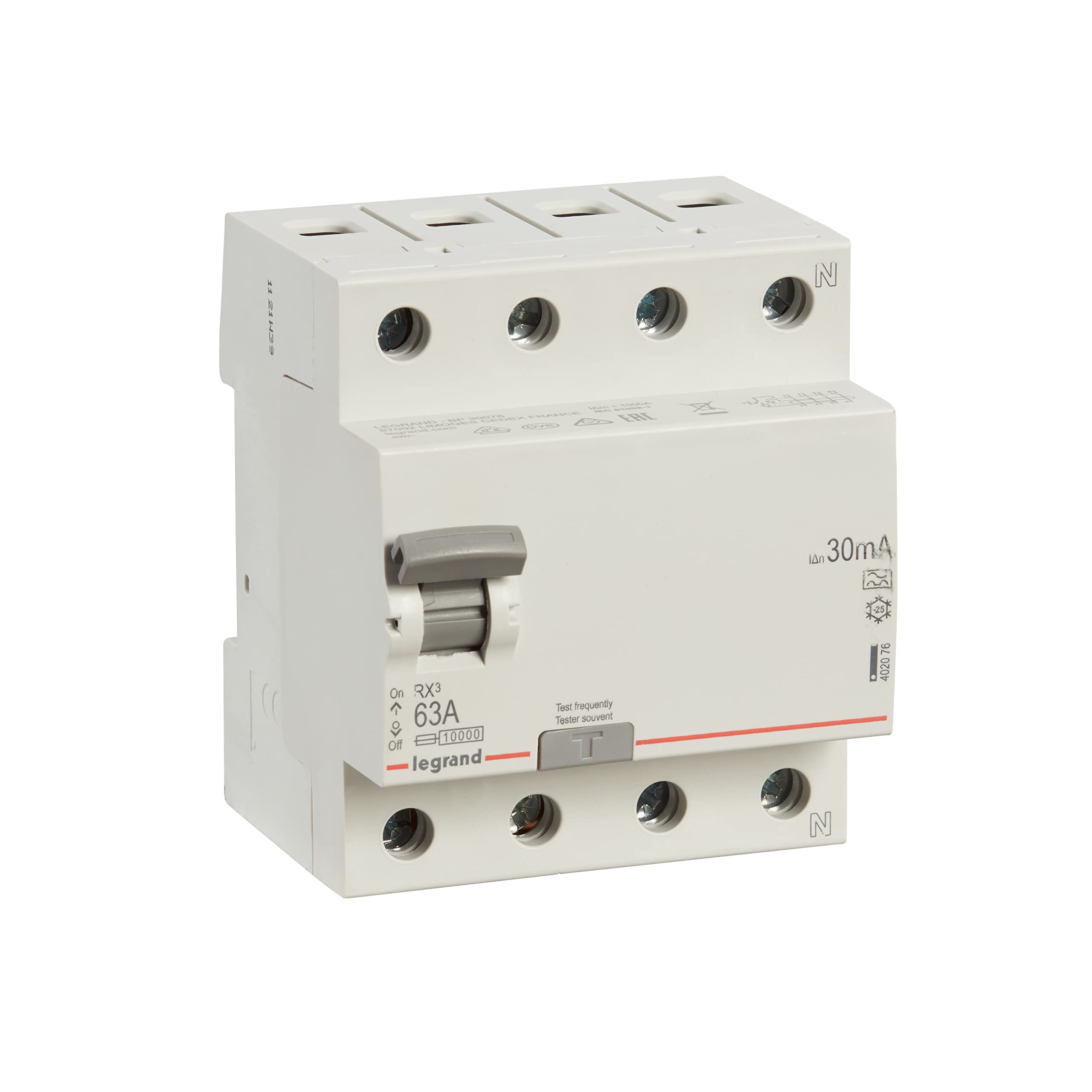 Legrand 402076 FI Circuit Breaker 63 A, 30 mA; Residual Current Circuit Breaker/RCD, 4-Pin - 63 A / 30 mA, 1 Piece