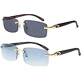 Elite Slim Rimless Rectangular Metal & Wood Art Aviator Sunglasses