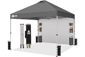 CROWN SHADES Canopy Tent 10x10 Pop Up Canopy Outdoor Shade with Pockets Sidewall, Easy Up Sun Shelter with One Person Set Up Center Lock, Portable Instant Camping Beach Canopies Tents, Grid Grey
