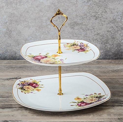 TouchLife 2 Tier Porcelain Bone China Square Cake Plate Stand,White & Red,Height:10.3Inch/Edge Length:8Inch&10Inch