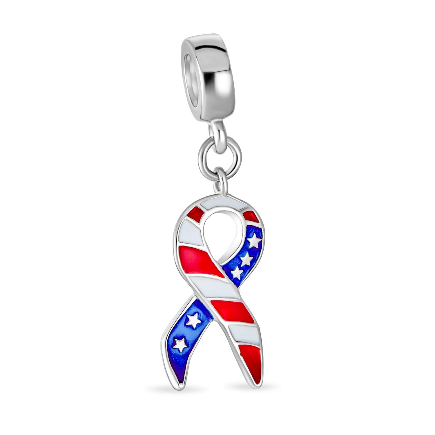 Bling Jewelry Red White Blue American Patriotic USA Flag Ribbon Shape Dangle Charm Bead For Women Teen Enamel .925 Sterling Silver Fits European Bracelet