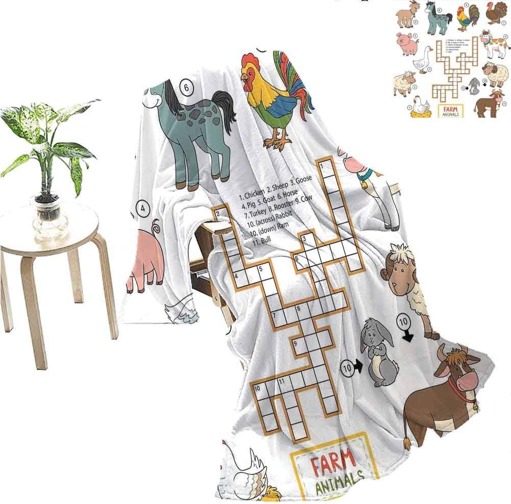 jecycleus Kids Game Rugged or Durable Camping Blanket Crossword Educational Puzzle for Children with Different Farm Animals and Numbers Warm and Washable W91 x L60 Inch Multicolor