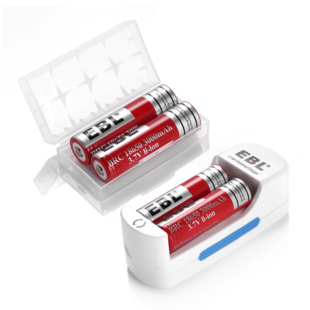 EBL 4 Packs 18650 3.7V 3000mAh Rechargeable li-ion Batteries with Universal Lithium Rechargeable Battery Charger