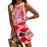 Women's Summer Ocean Animal Print Cotton Linen Mini Tank Dress Casual Loose Sleeveless Beach Vacation Sundresses for Women