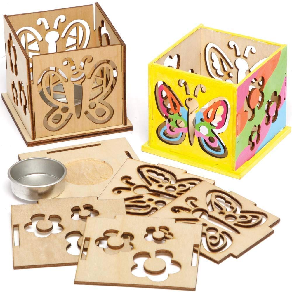 Baker Ross FE131 Butterfly Wooden Model Kit - Pack of 3, Tealight Holder to Decorate and Display, Ideal Childrens Arts and Crafts Project
