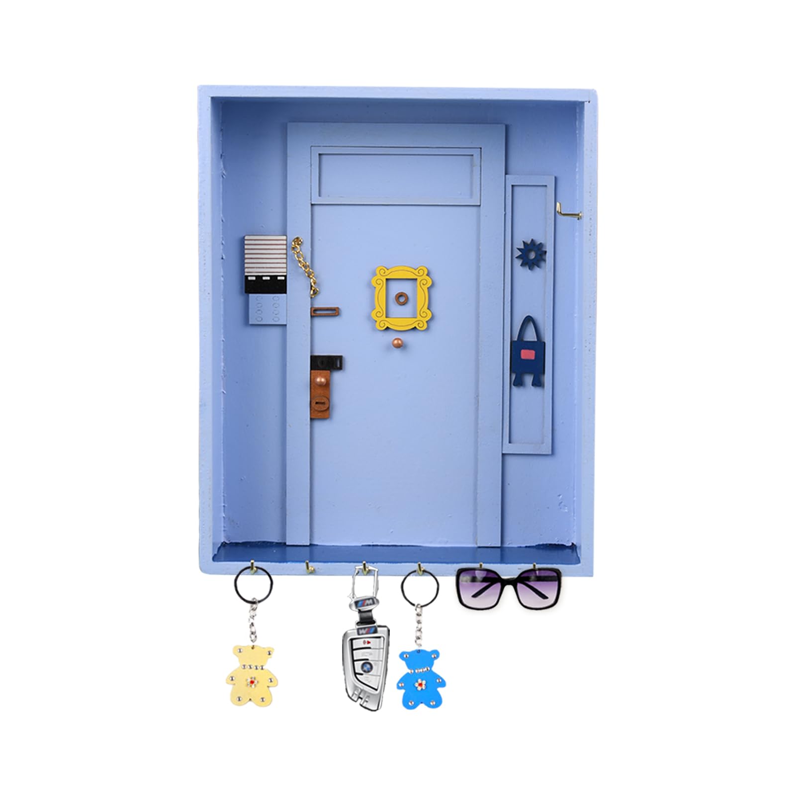 Friends Key Holder, Friends Monica's Door Wall Key Holder Key Hooks Wall Mounted with 6 Hooks Handmade Key Hooks Key Rack Holder Friends Home Decor for Entryway, Bathroom, Living Room, Office (Blue)