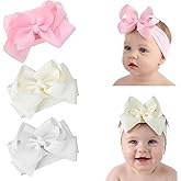 Tucnoeu 3pcs Baby Girl Headbands with Bows - Soft Stretchy Newborn Bows for Girls, Infant Toddler Hair Accessories (White, Ivory, Pink)