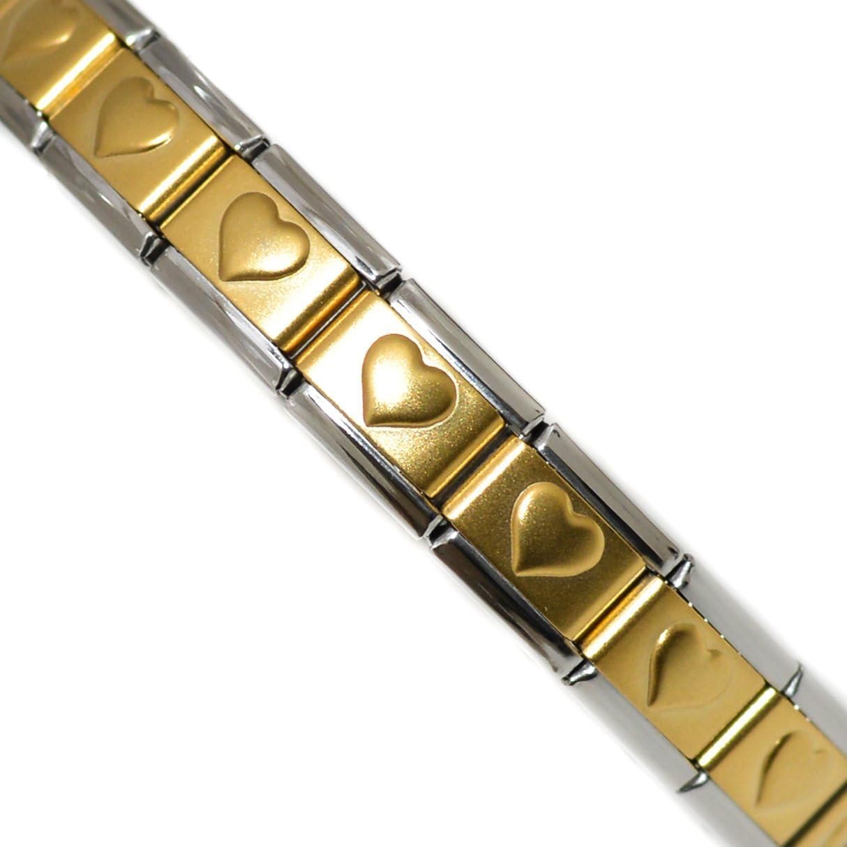 Raised Gold Heart Starter Italian Modular Charm Bracelet, 9mm Stainless Steel Interlocking Charm Links